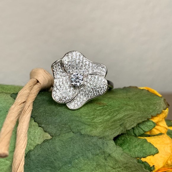 NEW Size 5 Real Silver (not plated) & Pave CZ Flower Ring - Picture 3 of 11